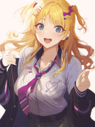 Rule 34 | 1girl, :d, black jacket, blonde hair, blue eyes, bow, breasts, collarbone, commentary request, earrings, hachimiya meguru, hair bow, hair ornament, hairclip, highres, idolmaster, idolmaster shiny colors, jacket, jewelry, long hair, long sleeves, looking at viewer, medium breasts, necktie, open mouth, pink necktie, shirt, smile, sola (solo0730), solo, star (symbol), star earrings, teeth, two side up, upper teeth only, white shirt