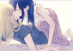 Rule 34 | 2girls, aihara mei, aihara yuzu, all fours, arm support, barefoot, bed sheet, black hair, black shirt, blonde hair, breasts, casual, citrus (saburouta), closed eyes, commentary, couple, girl on top, glidesloe, hair behind ear, highres, inseki, jewelry, kiss, kiss day, long hair, long skirt, lying, multiple girls, on back, pink skirt, ring, sheet grab, shirt, short sleeves, skirt, small breasts, step-siblings, t-shirt, toes, white shirt, wife and wife, yuri