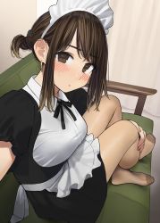 Rule 34 | 1girl, apron, black bow, black bowtie, blush, bow, bowtie, breasts, brown eyes, brown hair, brown pantyhose, couch, crossed legs, curtains, douki-chan (douki-chan), ganbare douki-chan, hand on own knee, headdress, highres, indoors, looking at viewer, looking back, maid, maid apron, maid headdress, medium breasts, nail polish, pantyhose, see-through, see-through legwear, selfie, short sleeves, sidelocks, sitting, solo, yomu (sgt epper)