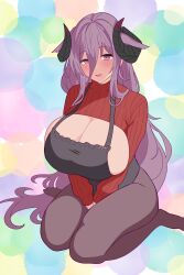 Rule 34 | 1girl, absurdres, apron, azur lane, black apron, black horns, breasts, check commentary, cleavage, commentary request, curled horns, demon horns, framed breasts, friedrich carl (a game of love) (azur lane), friedrich carl (azur lane), hair between eyes, highres, horns, huge breasts, long hair, looking at viewer, lustyflamme, mole, mole under mouth, official alternate costume, open mouth, purple eyes, purple hair, red sweater, semi-rimless eyewear, solo, sweater, v arms, very long hair