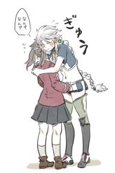 Rule 34 | 10s, 2girls, arms at sides, asymmetrical hair, blazer, blush, braid, brown hair, cloud print, commentary request, closed eyes, green legwear, headgear, height difference, hug, kantai collection, long hair, looking at another, midriff, miniskirt, multiple girls, onmyouji, pleated skirt, ponke, ryuujou (kancolle), silver hair, single braid, skirt, thighhighs, translated, twintails, unryuu (kancolle), very long hair, visor cap, zettai ryouiki