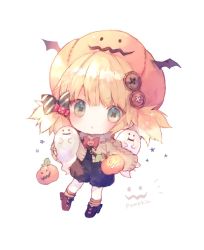 Rule 34 | 1girl, black footwear, blonde hair, blue eyes, blush, bow, brown jacket, closed mouth, commentary, full body, ghost, jack-o&#039;-lantern, jacket, long sleeves, looking at viewer, onineko, open clothes, open jacket, original, puffy long sleeves, puffy sleeves, pumpkin hat, red bow, romper, shoes, simple background, sleeves past wrists, socks, solo, striped clothes, striped socks, symbol-only commentary, symbol-shaped pupils, twintails, v-shaped eyebrows, white background