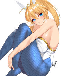 Rule 34 | 1girl, ahoge, animal ears, artoria pendragon (all), artoria pendragon (fate), artoria pendragon (swimsuit ruler) (fate), bare arms, bare shoulders, blonde hair, blue pantyhose, blush, breasts, closed mouth, commentary request, fake animal ears, fate/grand order, fate (series), fishnet pantyhose, fishnets, hair between eyes, high ponytail, highres, kisaragi tsurugi, knees up, large breasts, leotard, long hair, looking at viewer, pantyhose, rabbit ears, signature, sitting, solo, thighs, white leotard
