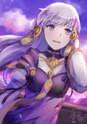Rule 34 | 1girl, arm at side, cloud, commentary request, cowboy shot, detached sleeves, dress, fire emblem, fire emblem: three houses, hair ornament, hand in own hair, hand up, highres, long sleeves, looking at viewer, lysithea von ordelia, nintendo, outdoors, parted lips, purple dress, purple ribbon, ribbon, signature, sketch, smile, solo, tarayuki, tassel