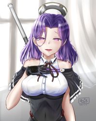 Rule 34 | 1girl, black capelet, black dress, black gloves, breasts, capelet, dress, glaive (polearm), gloves, hair intakes, halo, hand on own chest, headgear, highres, kantai collection, mechanical halo, medium breasts, medium hair, pethimon, polearm, purple eyes, purple hair, sleeveless, sleeveless dress, solo, tatsuta (kancolle), upper body