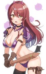 Rule 34 | 1girl, absurdres, arm strap, armor, bat wings, bikini armor, black thighhighs, blush, brown gloves, capelet, choker, collarbone, commentary, debi tarou, dot nose, fake horns, floating hair, gloves, groin, highres, holding, holding sword, holding weapon, horns, idolmaster, idolmaster shiny colors, leaning forward, long hair, looking at viewer, low wings, navel, open mouth, osaki tenka, pouch, purple capelet, raised eyebrow, red hair, shoulder armor, single bare shoulder, single thighhigh, skindentation, solo, standing, sword, thigh pouch, thighhighs, thighs, wanimaru, wardrobe malfunction, weapon, wings, wooden sword, yellow eyes