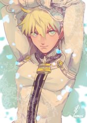 Rule 34 | 10s, 1boy, arms up, arthur pendragon (fate), bad id, bad twitter id, blonde hair, bright pupils, catsuit, chain, cosplay, dated, fate/extra, fate/prototype, fate (series), genderswap, genderswap (ftm), green eyes, lock, looking at viewer, male focus, nero claudius (bride) (fate), nero claudius (fate), nero claudius (fate) (all), saber bride (cosplay), skin tight, upper body