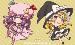 Rule 34 | 2girls, blonde hair, bloomers, blush, book, bow, capelet, chibi, crescent, crescent hair ornament, double bun, equal (melomelopunch), female focus, hair bow, hair bun, hair ornament, hat, hat bow, kirisame marisa, long hair, looking at viewer, lowres, mob cap, multiple girls, patchouli knowledge, purple eyes, purple hair, simple background, striped, striped background, touhou, underwear, yellow eyes