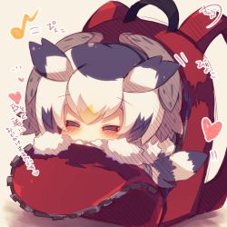 Rule 34 | 10s, 1girl, = =, backpack, bag, bird tail, black hair, blush, chibi, closed eyes, eighth note, facing viewer, fur-trimmed sleeves, fur collar, fur trim, head wings, heart, in bag, in container, kemono friends, multicolored hair, musical note, muuran, northern white-faced owl (kemono friends), orange hair, signature, solo, tail, translation request, white hair, wings