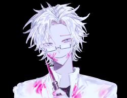 Rule 34 | 1boy, absurdres, black background, black shirt, blood, blood on clothes, blood on face, bloody knife, blue eyes, chinese commentary, commentary request, glasses, highres, holding, holding knife, jacket, kanou aogu, knife, looking at viewer, male focus, open clothes, open jacket, portrait, rectangular eyewear, rvadonghua, saibou shinkyoku, semi-rimless eyewear, shirt, short hair, simple background, smile, solo, white hair, white jacket