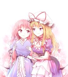 Rule 34 | 2girls, alternate hair length, alternate hairstyle, arm ribbon, blonde hair, blue kimono, blush, bow, breasts, choker, cleavage, corset, dress, floating, gap (touhou), gloves, gradient background, hair bow, hat, hat ribbon, heart, holding, holding clothes, holding hat, japanese clothes, kimono, layered dress, long hair, long sleeves, looking at another, minust, mob cap, multiple girls, pink background, pink hair, puffy short sleeves, puffy sleeves, purple dress, purple eyes, ribbon, ribbon-trimmed sleeves, ribbon choker, ribbon trim, saigyouji yuyuko, short sleeves, side-by-side, sitting, smile, touhou, triangular headpiece, unworn hat, unworn headwear, white background, white dress, white gloves, wide sleeves, yakumo yukari
