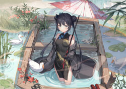 Rule 34 | al guang, bamboo, bird, black dress, black hair, blue archive, butterfly hair ornament, china dress, chinese clothes, coat, commentary, double bun, dragon print, dress, duck, grey eyes, hair bun, hair ornament, highres, kisaki (blue archive), lily pad, looking at viewer, nature, off shoulder, oil-paper umbrella, plant, scenery, short dress, side slit, sleeveless, solo, twintails, umbrella, wading, water