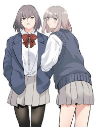 Rule 34 | 2boys, angry, back, black pantyhose, blonde hair, blue eyes, blue sweater vest, blue vest, bow, bowtie, clothes lift, collared shirt, commentary request, cowboy shot, crossdressing, dual persona, fate/grand order, fate (series), frown, furrowed brow, grabbing another&#039;s arm, grey hair, grey skirt, hands in pockets, highres, light blush, long sleeves, looking at viewer, looking back, male focus, medium hair, multiple boys, oberon (fate), oberon (third ascension) (fate), pantyhose, pocket, red bow, red bowtie, sausu hitori, school uniform, shirt, skirt, skirt lift, standing, sweater vest, tagme, tearing up, teeth, trap, vest, white background, white shirt