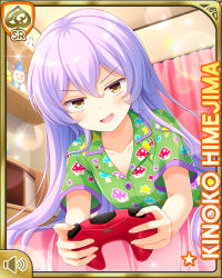 Rule 34 | 1girl, barefoot, bed, bedroom, brown eyes, card (medium), character name, day, food-themed hair ornament, girlfriend (kari), green pajamas, green shirt, green shorts, hair ornament, himejima kinoko, indoors, long hair, lying, official art, on bed, on stomach, open mouth, pajamas, purple hair, qp:flapper, shirt, shorts, smile, sparkle, twintails, very long hair