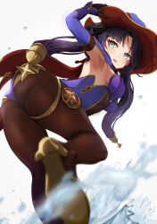 Rule 34 | 1girl, ass, black gloves, black hair, bodystocking, breasts, detached sleeves, earrings, foot out of frame, genshin impact, gloves, green eyes, hair ornament, hat, highres, jewelry, legs, leotard, long hair, medium breasts, menchi-men, mona (genshin impact), pantyhose, purple hat, purple leotard, solo, star (symbol), star earrings, twintails, witch hat