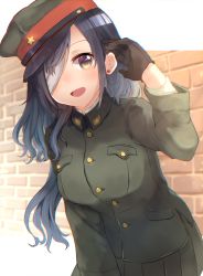 Rule 34 | 1girl, :d, black hair, boots, brick wall, brown gloves, earrings, gloves, green hat, green shirt, green skirt, hair between eyes, hat, highres, imperial japanese army, jewelry, knee boots, long hair, long sleeves, looking at viewer, mamiya ponkan, military, military hat, military uniform, one eye covered, open mouth, original, shirt, skirt, smile, solo, uniform, world war ii, yellow eyes