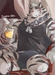 Rule 34 | 1boy, absurdres, animal ears, arknights, bara, black male underwear, black tank top, briefs, bulge, chain, chain necklace, cup, dog tags, drinking glass, erection, erection under clothes, furry, furry male, highres, iwano kal, jewelry, large pectorals, looking at viewer, male focus, male underwear, mountain (arknights), muscular, muscular male, necklace, pectorals, scar, scar across eye, scar on face, short hair, sidepec, sitting, solo, tank top, tiger boy, tiger ears, underwear, white fur, white hair, wine glass