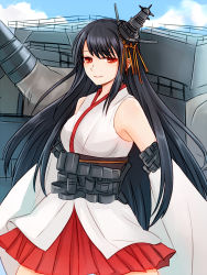 Rule 34 | 10s, 1girl, bare shoulders, black hair, breasts, cannon, detached sleeves, fusou (kancolle), hair ornament, highres, japanese clothes, kantai collection, long hair, moka08, nontraditional miko, personification, red eyes, short hair, skirt, smile, solo, turret