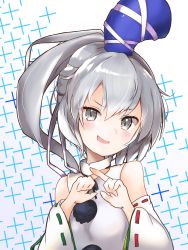 Rule 34 | 1860 (ichi), 1girl, bare shoulders, blue hat, blush, breasts, commentary request, detached sleeves, dutch angle, green ribbon, grey eyes, hair between eyes, hat, highres, index finger raised, japanese clothes, kariginu, long hair, looking at viewer, mononobe no futo, open mouth, pom pom (clothes), ponytail, red ribbon, ribbon, ribbon-trimmed sleeves, ribbon trim, silver hair, small breasts, smile, solo, tate eboshi, touhou, turtleneck, upper body, v-shaped eyebrows, wide sleeves, x fingers