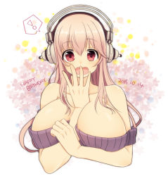 Rule 34 | !, 1girl, asazuke25, bad id, bad pixiv id, bare shoulders, between breasts, blush, breasts, cleavage, covering own mouth, female focus, hand to own mouth, headphones, large breasts, long hair, looking at viewer, nitroplus, off-shoulder, off-shoulder sweater, off shoulder, open mouth, pink hair, red eyes, solo, spoken exclamation mark, super sonico, sweater