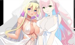 Rule 34 | + +, 2girls, alternate costume, asymmetrical docking, azur lane, black background, blonde hair, blue eyes, blue hair, breast press, breasts, bridal veil, bride, center opening, covered erect nipples, dress, earrings, gloves, green eyes, gyaru, highres, jewelry, large breasts, looking at viewer, marblehead (azur lane), memphis (azur lane), multicolored hair, multiple girls, purple hair, revealing clothes, short hair with long locks, silveroid, simple background, sleeveless, sleeveless dress, tan, two-tone background, two-tone hair, unfinished, upper body, v arms, veil, wedding dress, white background, white gloves