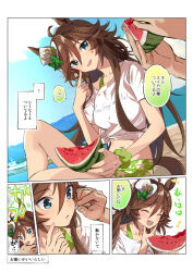 Rule 34 | 1girl, 1other, ahoge, animal ears, biting, breasts, brown hair, closed eyes, day, finger biting, food, food on face, fruit, gaze on me! outfit (umamusume), green eyes, hair between eyes, hair ornament, hairclip, hat, head tilt, holding, holding food, horse ears, horse girl, horse tail, looking at viewer, male swimwear, midriff, mini hat, mini top hat, misu kasumi, mountainous horizon, mr. c.b. (umamusume), navel, open mouth, outdoors, pointing, pointing at self, scrunchie, shirt, short sleeves, sitting, small breasts, smile, sound effects, speech bubble, swim trunks, tail, tied shirt, top hat, translation request, umamusume, watermelon, watermelon slice, white shirt, wrist scrunchie