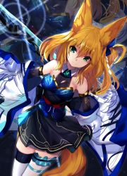 Rule 34 | 1girl, animal ear fluff, animal ears, bare shoulders, black dress, blonde hair, blue bow, bow, closed mouth, commentary request, detached sleeves, dress, dutch angle, fox ears, fox tail, glint, green eyes, hair between eyes, hair bow, kokonoe tsubaki, long sleeves, looking at viewer, obi, original, sash, short dress, smile, solo, standing, tail, thighhighs, white thighhighs, wide sleeves, yoshizawa tsubaki, zettai ryouiki