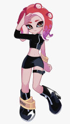Rule 34 | 1girl, absurdres, agent 8 (splatoon), arm up, black footwear, black shirt, boots, brown eyes, expressionless, full body, high heels, highres, looking at viewer, lya (ctrc5838), midriff, miniskirt, navel, nintendo, octoling, octoling girl, octoling player character, red hair, shirt, short hair, skirt, solo, splatoon (series), splatoon 2, splatoon 2: octo expansion, standing, suction cups, tentacle hair, thigh strap, thighs