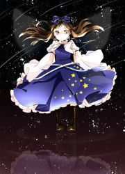 Rule 34 | 1girl, blue dress, boots, bow, brown eyes, brown hair, capelet, cross-laced footwear, dress, fairy wings, hair bow, highres, lace-up boots, long hair, long sleeves, md5 mismatch, reflection, shirt, solo, star (symbol), star sapphire, touhou, wide sleeves, wind, wings, yonu (yonurime)