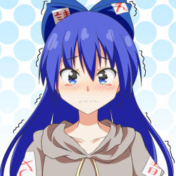 Rule 34 | 1girl, blue bow, blue eyes, blue hair, blush, bow, cato (monocatienus), collarbone, commentary request, grey hoodie, hair between eyes, hair bow, hood, hood down, hoodie, long hair, looking at viewer, polka dot, polka dot background, solo, tearing up, tears, touhou, trembling, upper body, wavy mouth, yorigami shion