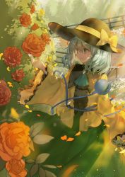 Rule 34 | 1girl, ascot, bad id, bad pixiv id, black hat, blouse, blue ascot, blush, bow, brooch, bush, closed mouth, commentary, cowboy shot, floral print, flower, frilled sleeves, frills, green eyes, green hair, green skirt, hair between eyes, hand up, hat, hat bow, highres, house, jewelry, komeiji koishi, long sleeves, looking at flowers, looking to the side, md5 mismatch, medium hair, outdoors, petals, piyo (sqn2idm751), railing, red flower, red rose, resolution mismatch, rose, rose petals, rose print, shirt, skirt, smile, solo, source smaller, third eye, touhou, wide sleeves, yellow bow, yellow shirt
