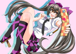 Rule 34 | 1girl, :d, ankle lace-up, black socks, bow, brown hair, calligraphy brush, cellphone, checkered clothes, checkered skirt, cross-laced footwear, dress shirt, female focus, foreshortening, geta, hair bow, hat, himekaidou hatate, iwanori, kneehighs, long hair, miniskirt, necktie, open mouth, paintbrush, phone, shirt, skirt, smile, socks, solo, tokin hat, touhou, twintails, very long hair, yellow eyes