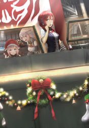 Rule 34 | 10s, 3girls, alisa ilinichina amiella, bare shoulders, black gloves, blood, blue eyes, blush, breasts, brown hair, christmas, daiba canon, dress, elbow gloves, fingerless gloves, gloves, god eater, god eater burst, hat, highres, large breasts, long hair, looking at viewer, monster, multiple girls, open mouth, pink hair, pops, sack, short hair, silver hair, skirt, smile, suspender skirt, suspenders