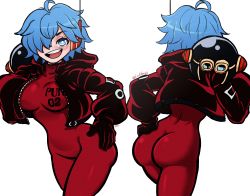 Rule 34 | 1girl, 2022, absurdres, adjusting clothes, ass, back, blue hair, bodysuit, breasts, eyelashes, gloves, hair over one eye, hand on own hip, helmet, highres, jacket, large breasts, looking at viewer, looking to the side, lord guyis, multiple views, one piece, open mouth, red bodysuit, short hair, simple background, smile, solo, thick thighs, thighs, vegapunk lilith, wide hips
