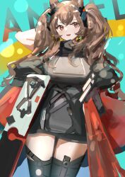 Rule 34 | 1girl, 360 (taiyo360), absurdres, angelina (arknights), angelina (endfield) (arknights), arknights, arknights: endfield, black dress, black thighhighs, blush, brown hair, character name, cowboy shot, dress, hair ornament, highres, long hair, looking at viewer, official alternate costume, open mouth, red eyes, sketch, smile, solo, thighhighs, twintails