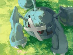 Rule 34 | claws, commentary request, creatures (company), day, flower, from above, game freak, gen 3 pokemon, grass, kira (kira dra), looking down, metagross, nintendo, no humans, outdoors, pink flower, pokemon, pokemon (creature), red eyes, solo