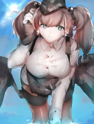 Rule 34 | 1girl, atlanta (kancolle), bad id, bad twitter id, black skirt, blue sky, breasts, brown hair, brown legwear, cloud, day, earrings, garrison cap, grey eyes, hat, highres, jewelry, kantai collection, large breasts, leaning forward, long sleeves, looking at viewer, machinery, shirt, shishamo (domado), skirt, sky, smile, solo, star (symbol), star earrings, suspender skirt, suspenders, twintails, two side up, white shirt