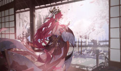 Rule 34 | 1girl, absurdres, animal ear piercing, animal ears, bare shoulders, blurry, blurry background, cherry blossoms, closed mouth, detached sleeves, falling petals, floating clothes, floating hair, floral print, fox ears, genshin impact, hair ornament, hands up, highres, japanese clothes, long hair, long sleeves, namito nami, obi, petals, pink hair, rope, sash, shide, shimenawa, shouji, signature, sliding doors, solo, very long hair, yae miko