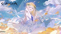 Rule 34 | 1girl, absurdres, ahoge, artist request, bare arms, bare legs, bare shoulders, blonde hair, blue eyes, copyright name, crymachina, dress, dress flower, english text, enoa (crymachina), flower, flower wreath, highres, leaf, long hair, looking at viewer, official art, official wallpaper, open mouth, rose, science fiction, sky, solo, teeth, upper teeth only, white dress, white flower, white rose, yellow flower, yellow rose