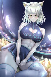 Rule 34 | 1girl, absurdres, alternate costume, animal ears, arknights, bare shoulders, between legs, blue shirt, blue skirt, blush, breasts, cat ears, cat girl, character name, cleavage, cleavage cutout, clothing cutout, crop top, embarrassed, english text, evening, from below, frown, hand between legs, heart cutout, highres, hip focus, kal&#039;tsit (arknights), large breasts, looking at viewer, material growth, medium hair, midriff, miniskirt, navel, nervous, oripathy lesion (arknights), outdoors, pleated skirt, pom pom (cheerleading), poni (poni arknights), shirt, sitting, skindentation, skirt, sleeveless, sleeveless shirt, solo, stadium, stage, stage lights, thighhighs, thighs