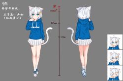 Rule 34 | 1girl, ?, absurdres, animal ears, blue eyes, blue hoodie, cat ears, cat girl, cat tail, character age, expressionless, expressions, from behind, height, highres, hood, hood down, hoodie, miniskirt, original, parted lips, plaid, plaid skirt, shoes, short hair, skirt, sneakers, socks, tail, weight, white footwear, white hair, white skirt, white socks, yziming