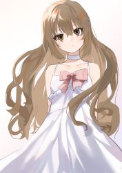 Rule 34 | 1girl, absurdres, aisaka taiga, arms behind back, bare shoulders, brown eyes, brown hair, closed mouth, commentary request, cowboy shot, dress, eyebrows hidden by hair, frilled dress, frills, hair between eyes, head tilt, highres, light blush, long dress, long hair, looking at viewer, partial commentary, pink ribbon, ribbon, simple background, solo, spaghetti strap, standing, toradora!, wedding dress, white background, white dress, xixi (xxxxiixxxiixxxx)