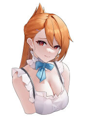 Rule 34 | 1girl, absurdres, artist request, bare shoulders, blue bow, bow, bowtie, breasts, cleavage, dress, female focus, highres, kaminaki sekai no kamisama katsudou, large breasts, long hair, looking at viewer, orange eyes, orange hair, ribbon, siluril, smile, solo, upper body, white background, white dress