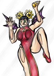 Rule 34 | absurdres, against glass, alcohol, angry, bat wings, beer, beer bottle, black hair, breast press, breasts on glass, cheek squash, china dress, chinese clothes, corona-chan, dress, green eyes, hair bun, hand on glass, heels, highres, leg up, looking at viewer, nsfwulf, qipao dress, single hair bun, thick outlines, watermark, wings