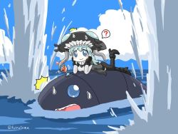 Rule 34 | 10s, 1girl, ?, abyssal ship, bad id, bad pixiv id, blue eyes, blue hair, explosion, headgear, horten, i-class destroyer, kantai collection, long hair, looking at viewer, lying, ocean, on stomach, open mouth, smile, spoken question mark, wo-class aircraft carrier
