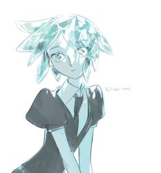 Rule 34 | 1other, androgynous, black jacket, black necktie, blue eyes, blue hair, colored eyelashes, colored skin, crystal hair, expressionless, gem uniform (houseki no kuni), gradient eyes, houseki no kuni, jacket, looking at viewer, multicolored eyes, necktie, phosphophyllite, puffy short sleeves, puffy sleeves, shadow, shirt, short sleeves, signature, sketch, toooka, translucent hair, upper body, white shirt, white skin