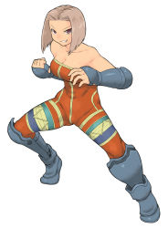 Rule 34 | 1girl, alternate color, bare shoulders, bodysuit, boots, breasts, brown hair, bursting breasts, cleavage, female focus, fighting stance, final fantasy, final fantasy tactics, full body, gauntlets, grin, large breasts, monk, monk (fft), purple eyes, short hair, simple background, smile, solo, tsukudani (coke-buta), unitard, white background