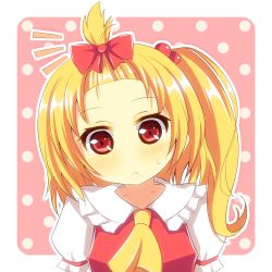 Rule 34 | 1girl, ^^^, alternate hairstyle, ascot, blonde hair, blush, bow, collarbone, female focus, flandre scarlet, forehead, hair bobbles, hair bow, hair ornament, looking at viewer, puffy sleeves, red eyes, short hair, short sleeves, side ponytail, solo, sweatdrop, topknot, touhou, yuimari