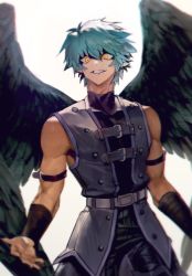 Rule 34 | 1boy, belt, cocaduel, corruption, green hair, grin, highres, johan andersen, looking at viewer, male focus, possessed, simple background, sleeveless, smile, solo, white background, wings, yellow eyes, yu-gi-oh!, yu-gi-oh! gx, yubel