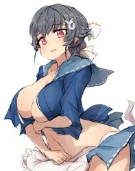 Rule 34 | 1girl, alchera, black hair, blue sailor collar, blue serafuku, blue skirt, breasts, collarbone, commentary request, cowboy shot, hair ornament, hair ribbon, hairclip, jingei (kancolle), kantai collection, large breasts, long hair, looking at viewer, red eyes, ribbon, sailor collar, sailor shirt, serafuku, shirt, simple background, skirt, solo, torn clothes, twitter username, upper body, white background, white ribbon